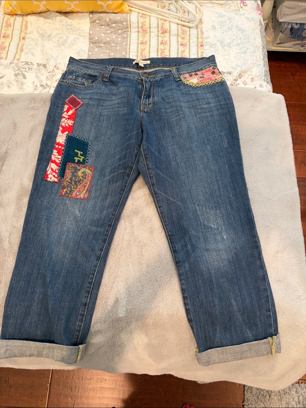 CAbi Blue Boyfriend Jeans with Colorful Patchwork